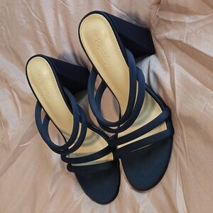 Women's open toe navy blue heels sandals dress show open back mules size 8.5